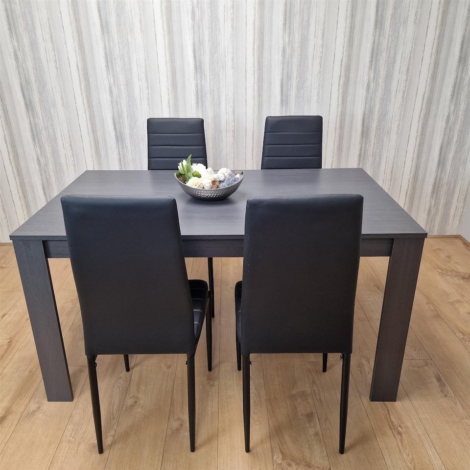 image 1 of Dining Table and 4 Chairs Black Dark Grey Faux Leather Chairs Wood Dining Set Furniture
