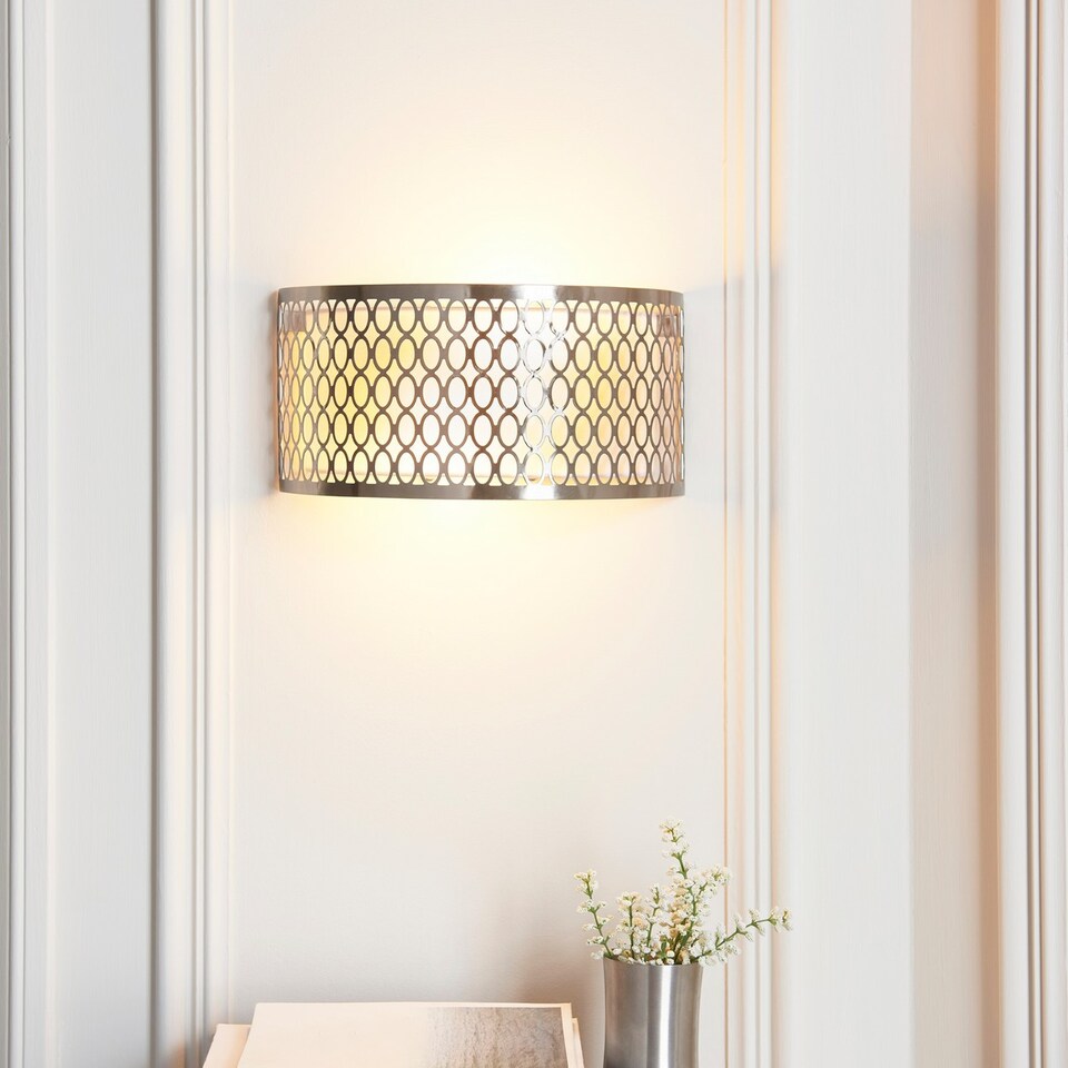 image 1 of Cordero Flush Wall Lamp Satin Nickel Plate, White Fabric & Frosted Glass 2x E14