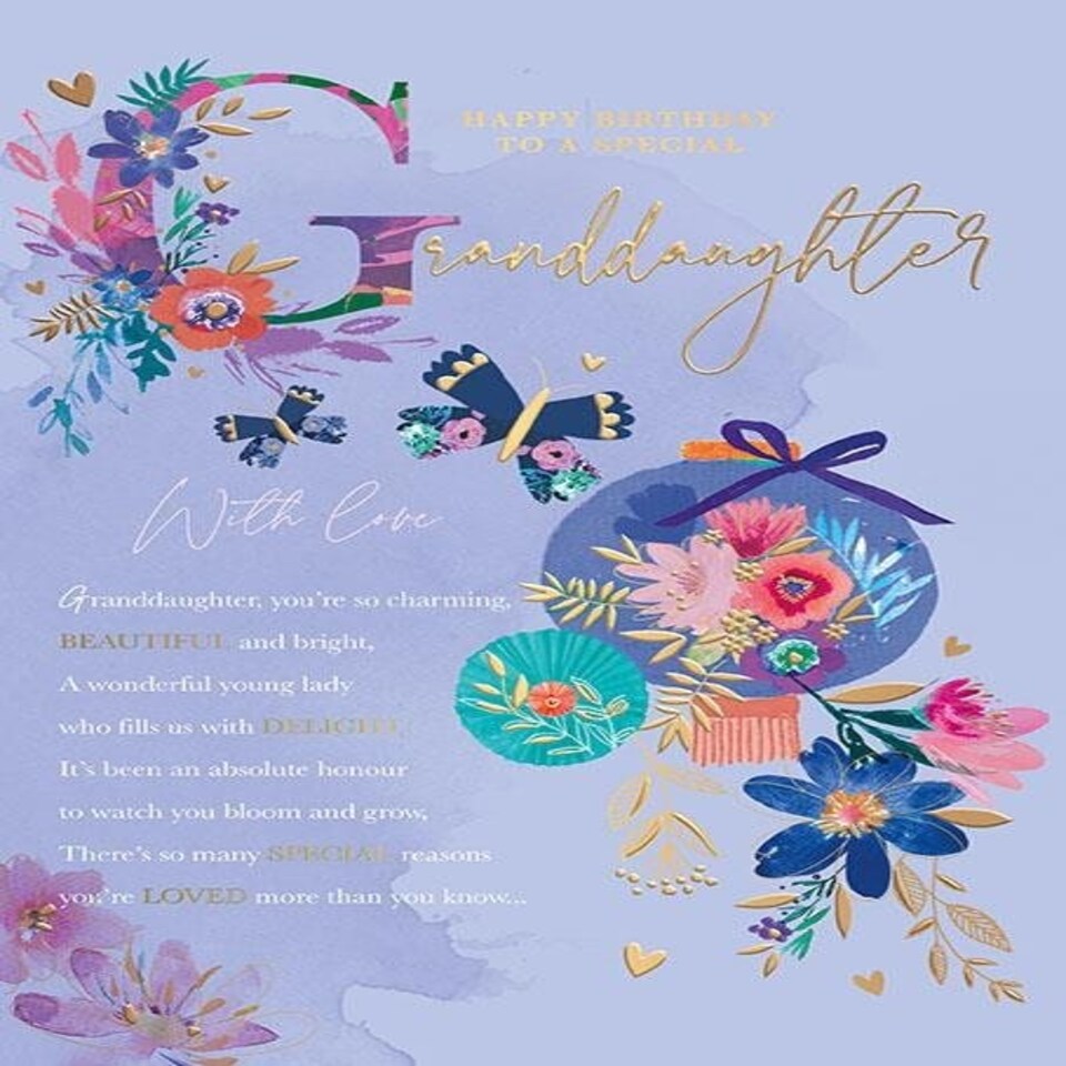 Words 'n' Wishes Birthday Card for Granddaughter, Floral Design with Rose Gold Foil, Purple