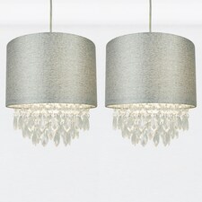 First Choice Lighting Set of 2 Sparkle Grey Faux Silk Jewelled Easy Fit Light Shades Grey | Clear
