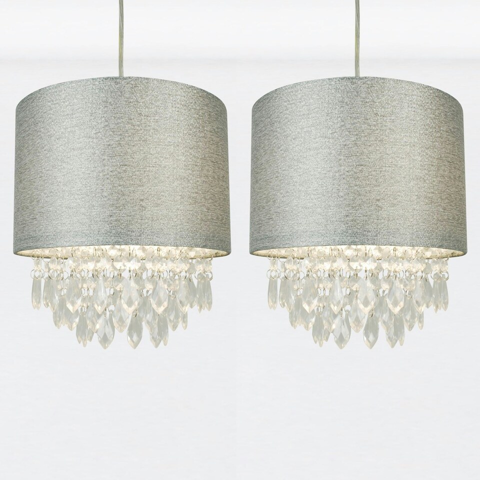 image 1 of First Choice Lighting Set of 2 Sparkle Grey Faux Silk Jewelled Easy Fit Light Shades Grey | Clear