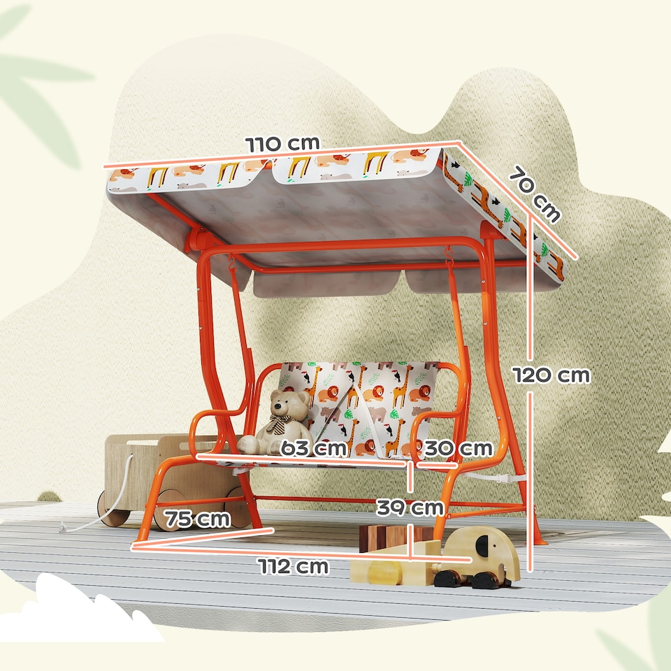 image 1 of AIYAPLAY Kids Porch Swing with Seat Belts, Adjustable Canopy, Orange