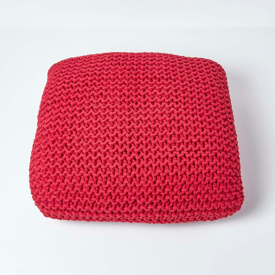 image 1 of Homescapes Red Square Cotton Knitted Pouffe Floor Cushion | Red | 70 x 20 cm