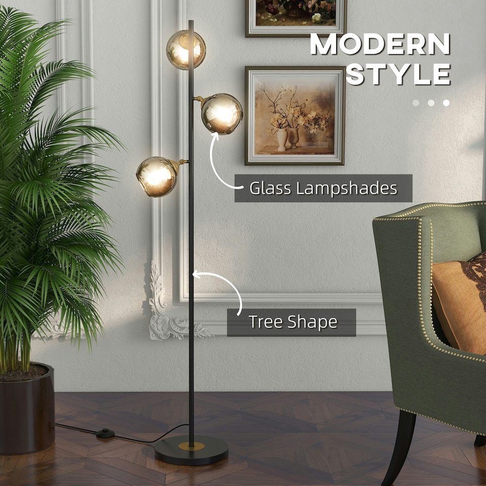 image 1 of HOMCOM Modern Floor Lamp with Glass Global Shade, 3 Light, for Living Room