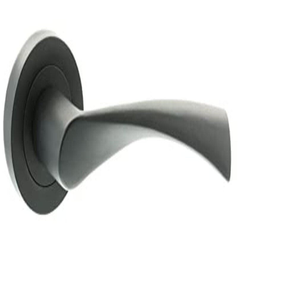 image 1 of Golden Grace Astrid Twist Design Key Lock Door Handle on Round Rose Set in Matte Black Finish Complete with 3 Lever Mortise Lock & 1 Pair of Ball Bearing Hinges Black