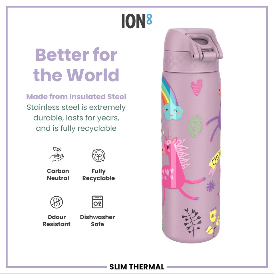 image 1 of Leak Proof Slim Water Bottle, Vacuum Insulated, 500ml (17oz) | Pink | Unicorn | One Size