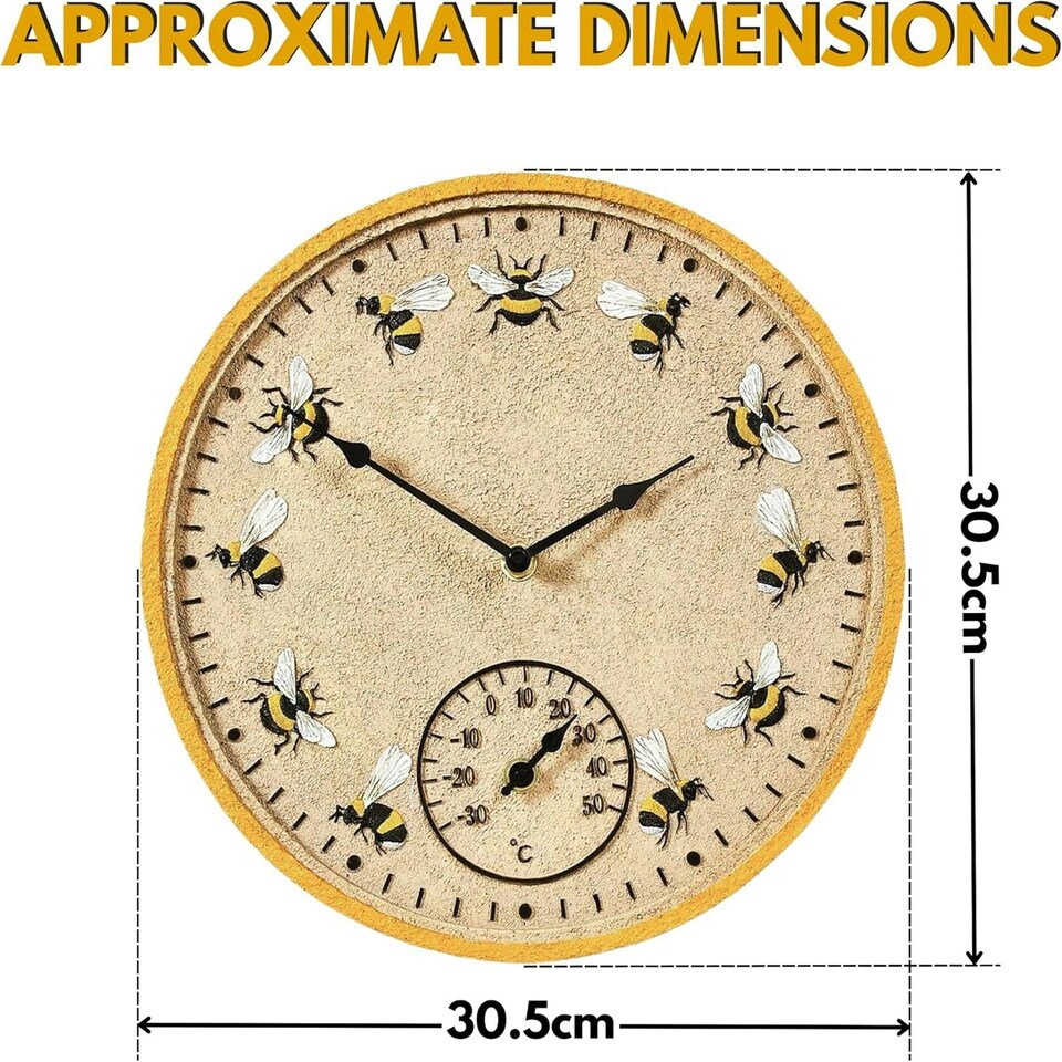 image 1 of Marco Paul 30cm Bee Outdoor Clock and Thermometer Yellow