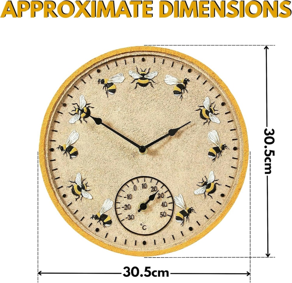 image 1 of Marco Paul 30cm Bee Outdoor Clock and Thermometer | Yellow