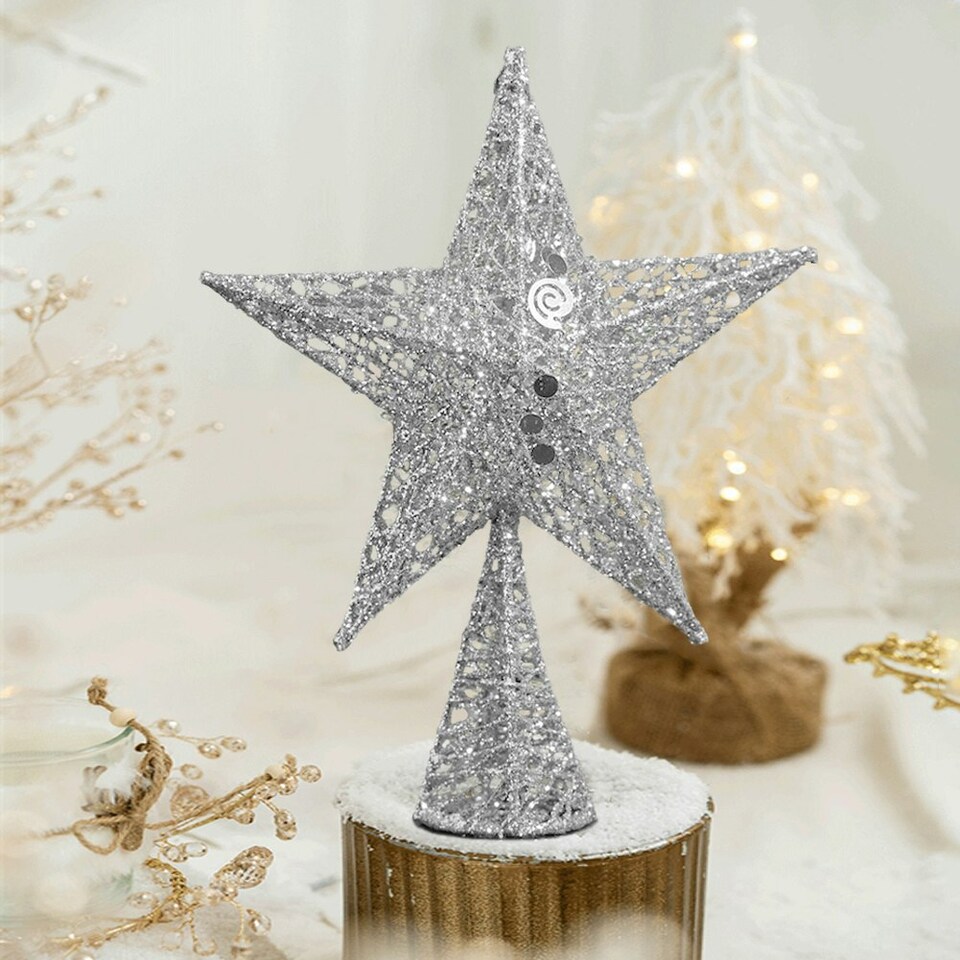 image 1 of Living and Home Wrought Iron Christmas Tree Topper Star Ornament  - Silver 25*35cm