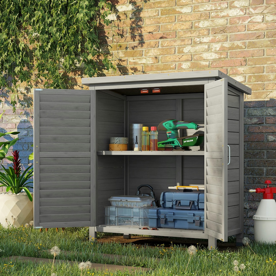 image 1 of Outsunny Garden Storage Shed Solid Fir Wood Garage Organisation Grey