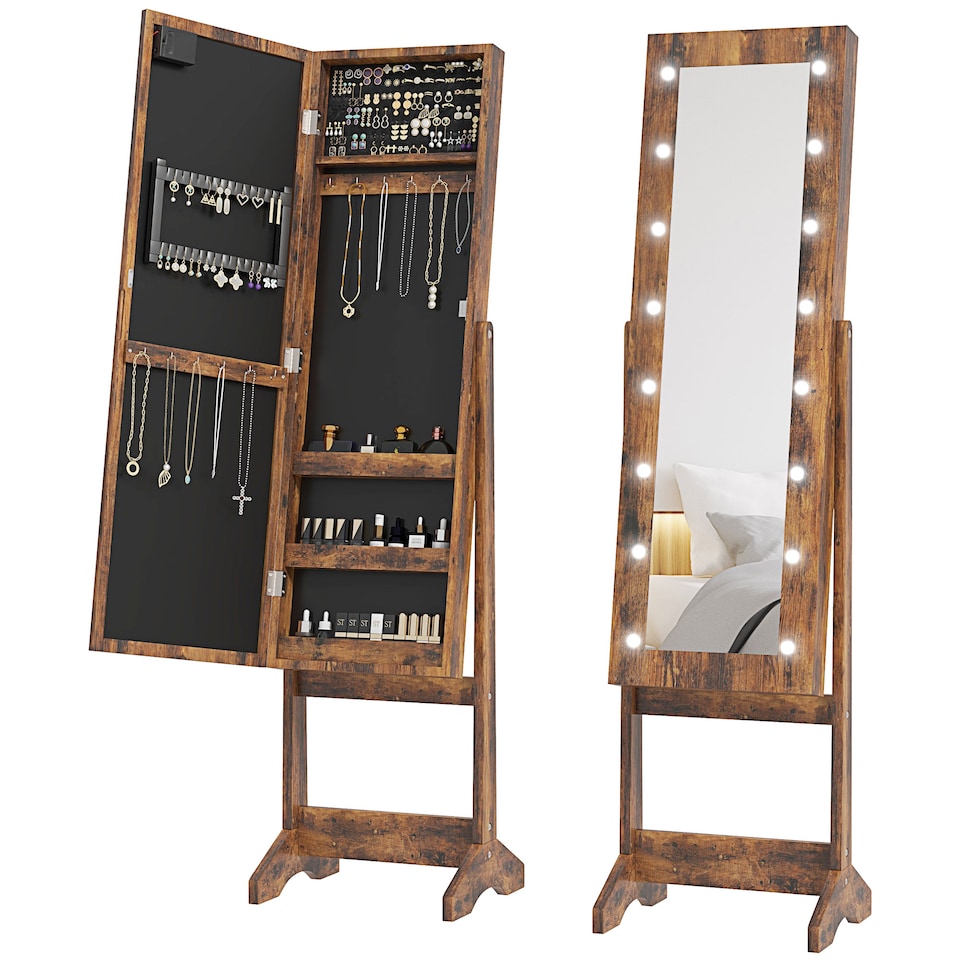 image 1 of HOMCOM Freestanding Mirror Jewelry Cabinet with LED Lights, Jewellery Organiser with 3 Angle Adjustable, Full-Length Mirror with Storage for Earrings, Necklaces, Rings and Lipsticks, Rustic Brown | Brown | Rustic Brown