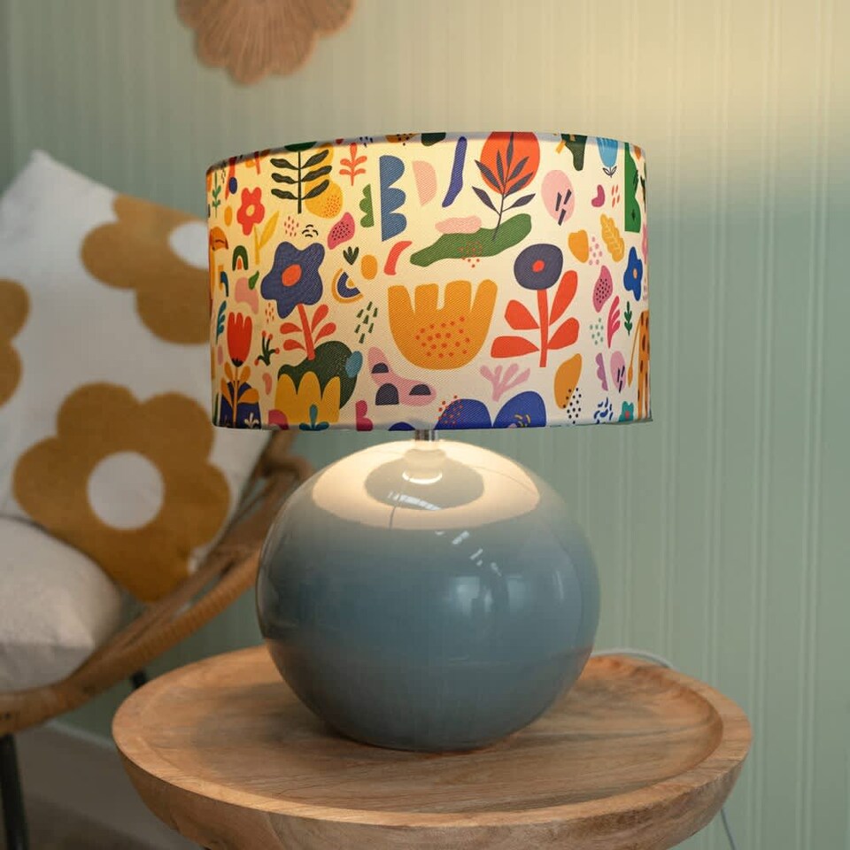image 1 of ValueLights Bosco Eucalyptus Ceramic Table Lamp with Jungle Print Drum Shade