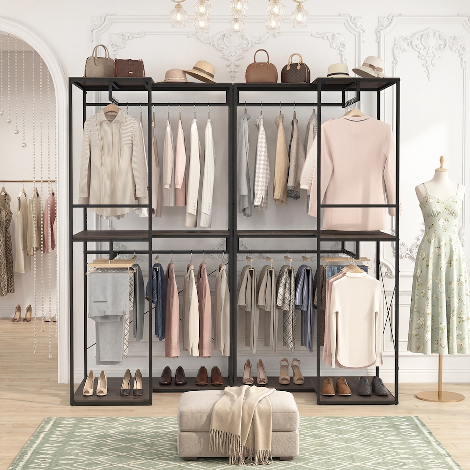 Coat Riac 2M L-shaped Coat Rack, Coat Stand with 3 Shelves & 4 Rails, Wooden ...