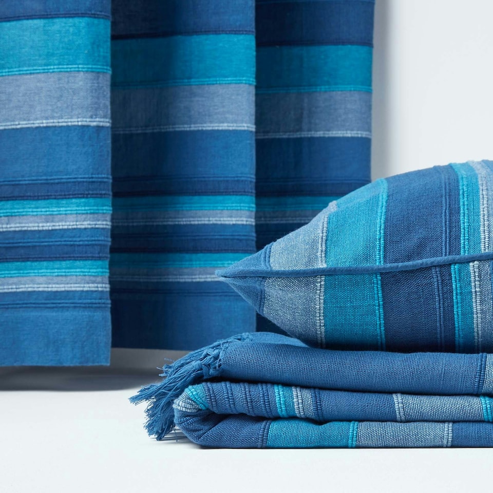image 1 of Homescapes Cotton Morocco Striped Blue Throw - 150 x 200 cm | Blue