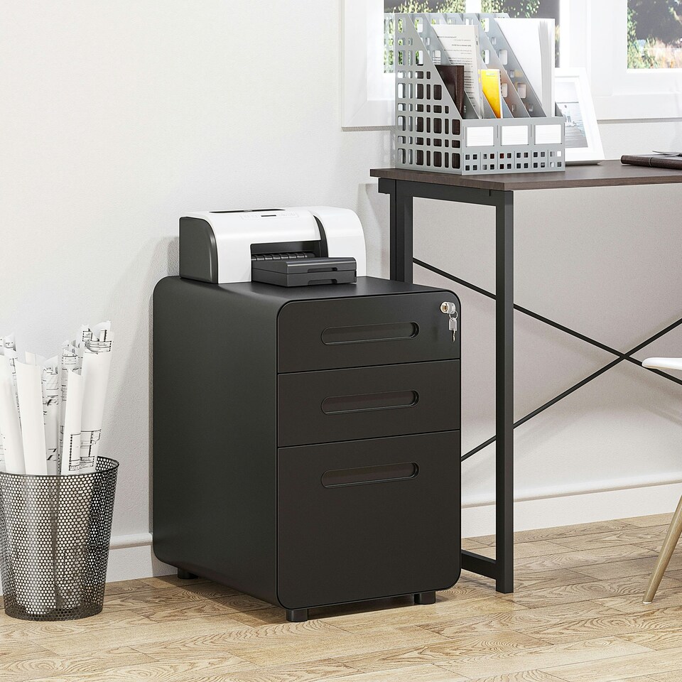 image 1 of Vinsetto 3 Drawer Modern Steel Filing Cabinet w/ 4 Wheels Lock Pencil Box Black