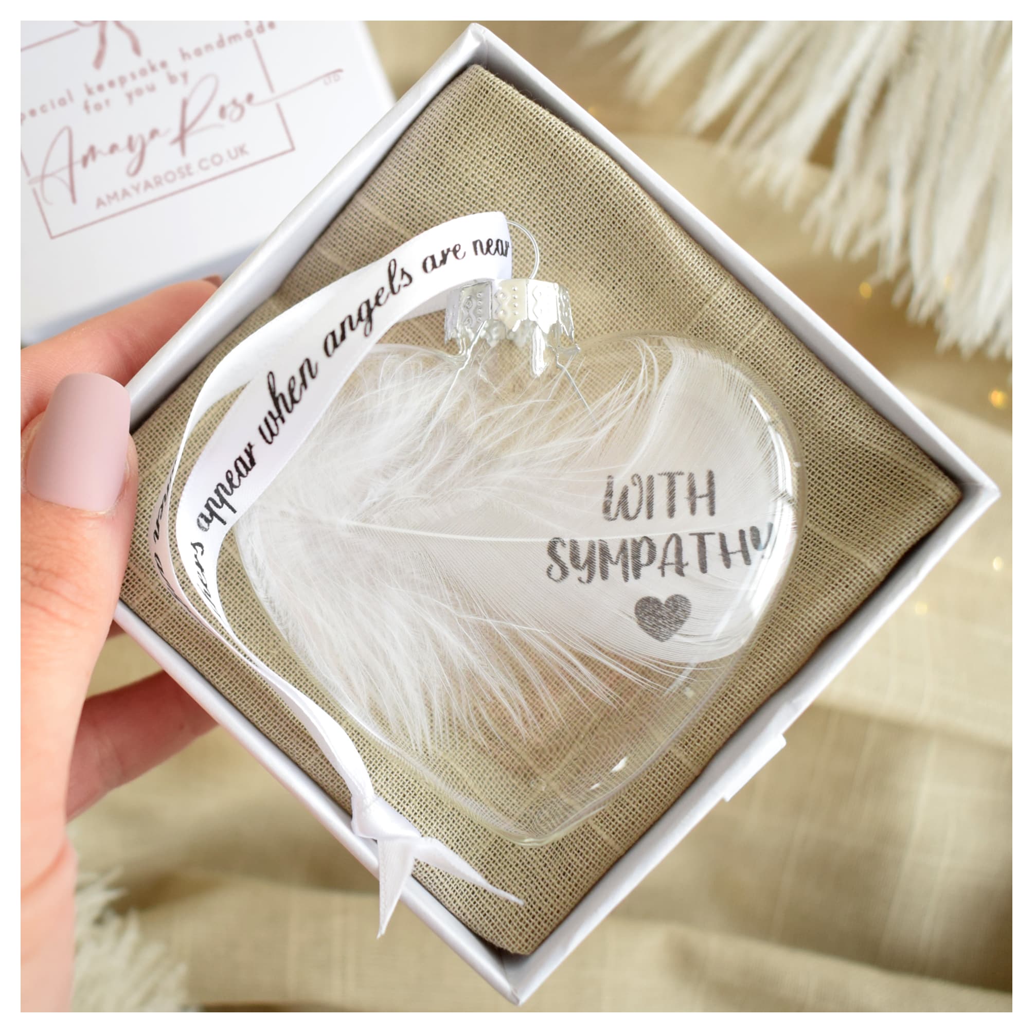 Amaya Rose Ltd With Sympathy In Memory Heart Feather Bauble Condolence Gift Boxed in Clear