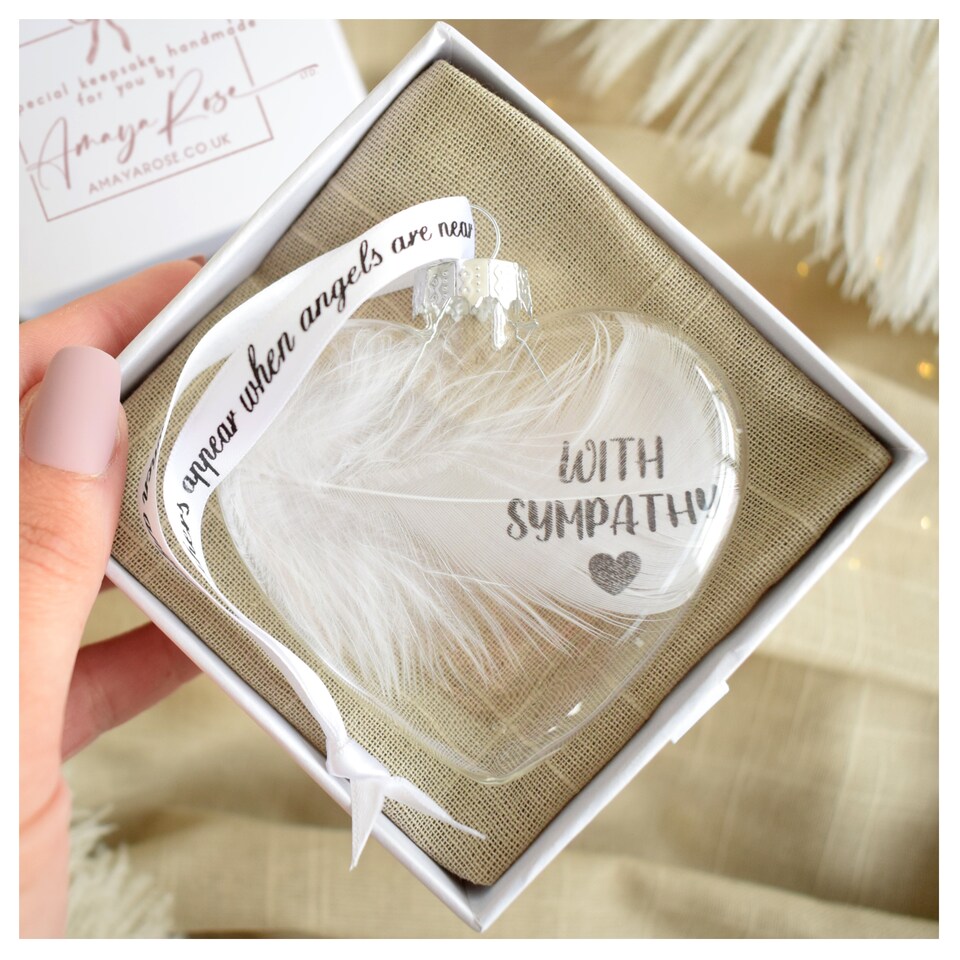 image 1 of WITH SYMPATHY In Memory of Feather Heart Bauble Gift Boxed