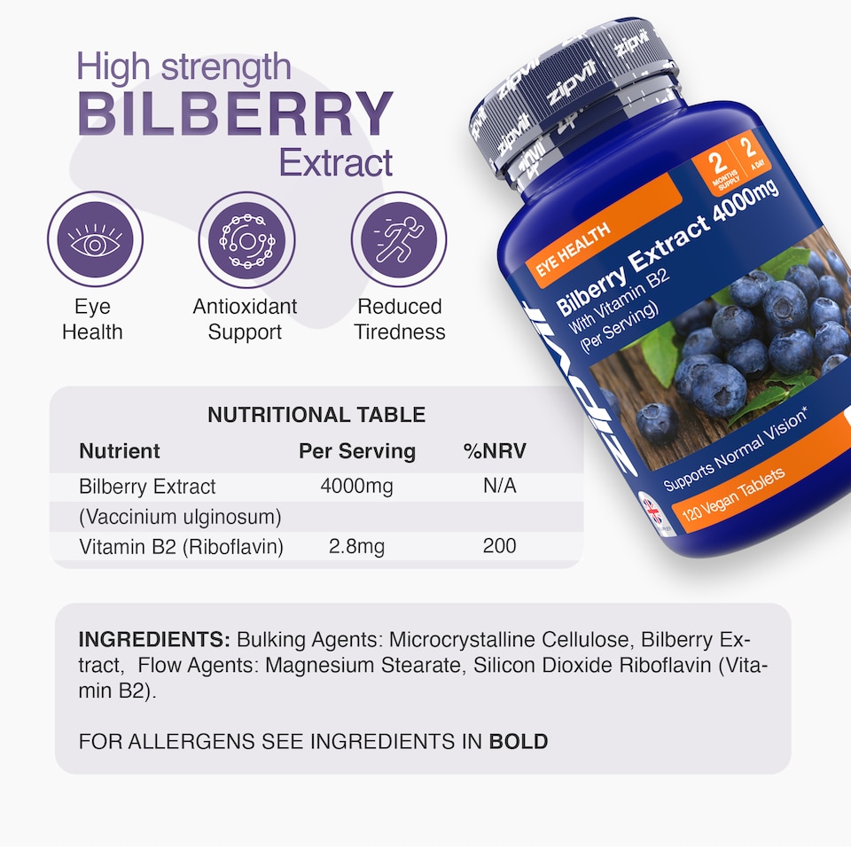 image 1 of Zipvit Bilberry 4000mg with Vitamin B2, Eye Health & Vision Support, 120 Vegan Tablets, 2-Month Supply