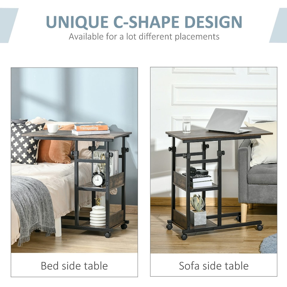 image 1 of HOMCOM C-Shaped Mobile Sofa Bed Side Table Adjust Height 3-Tier Cart w/ Brake