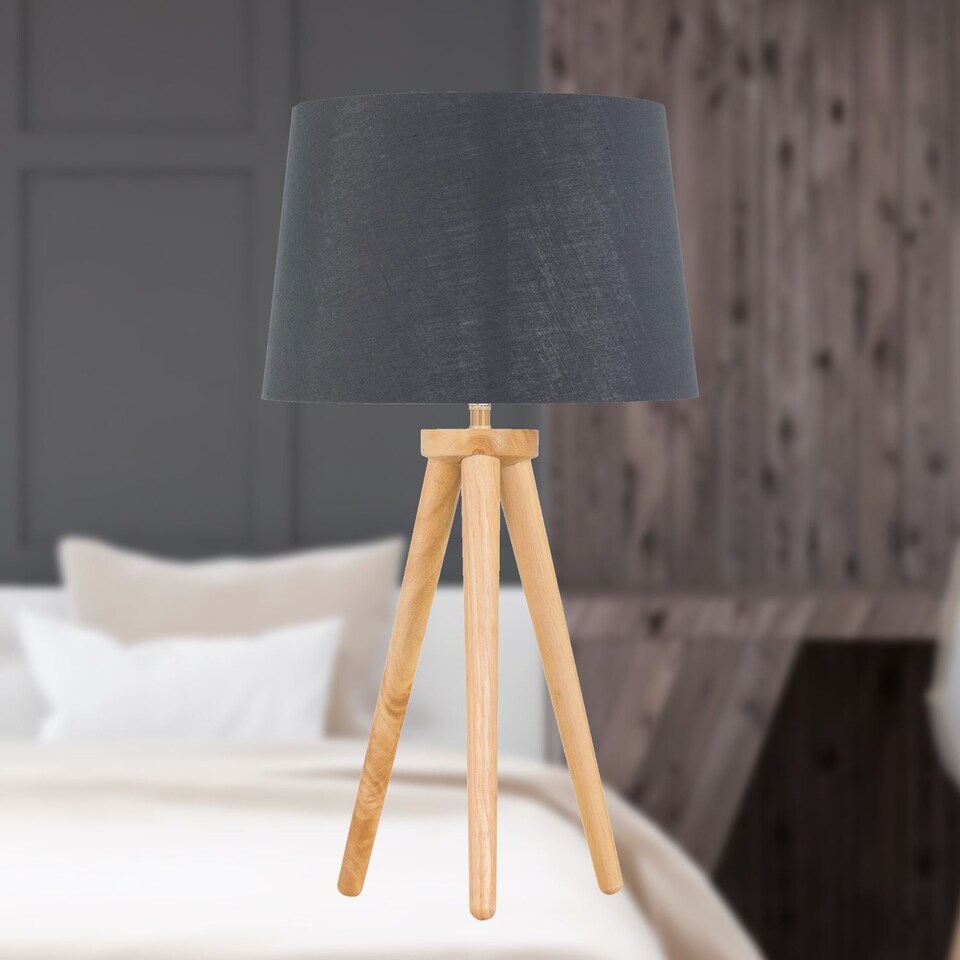 image 1 of Voyage - Light Oak Table Lamp Bedside Light with Grey & Silver Shade | Brown | Grey | Large | 1