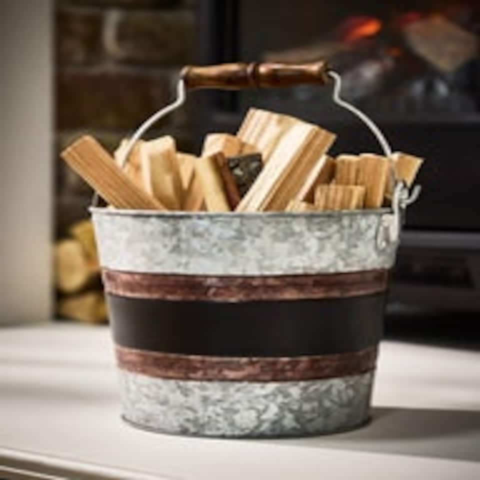 image 1 of Black Band Fireside Kindling Bucket Silver | Black