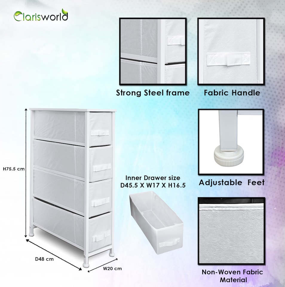image 1 of Clarisworld 4 Narrow Drawer Storage Tower Dresser with Wood Top, Steel Frame & Laminated Fabric Drawers, Slim Storage Organiser Unit for Bedroom, Hallway, Entryway, Closet & Office