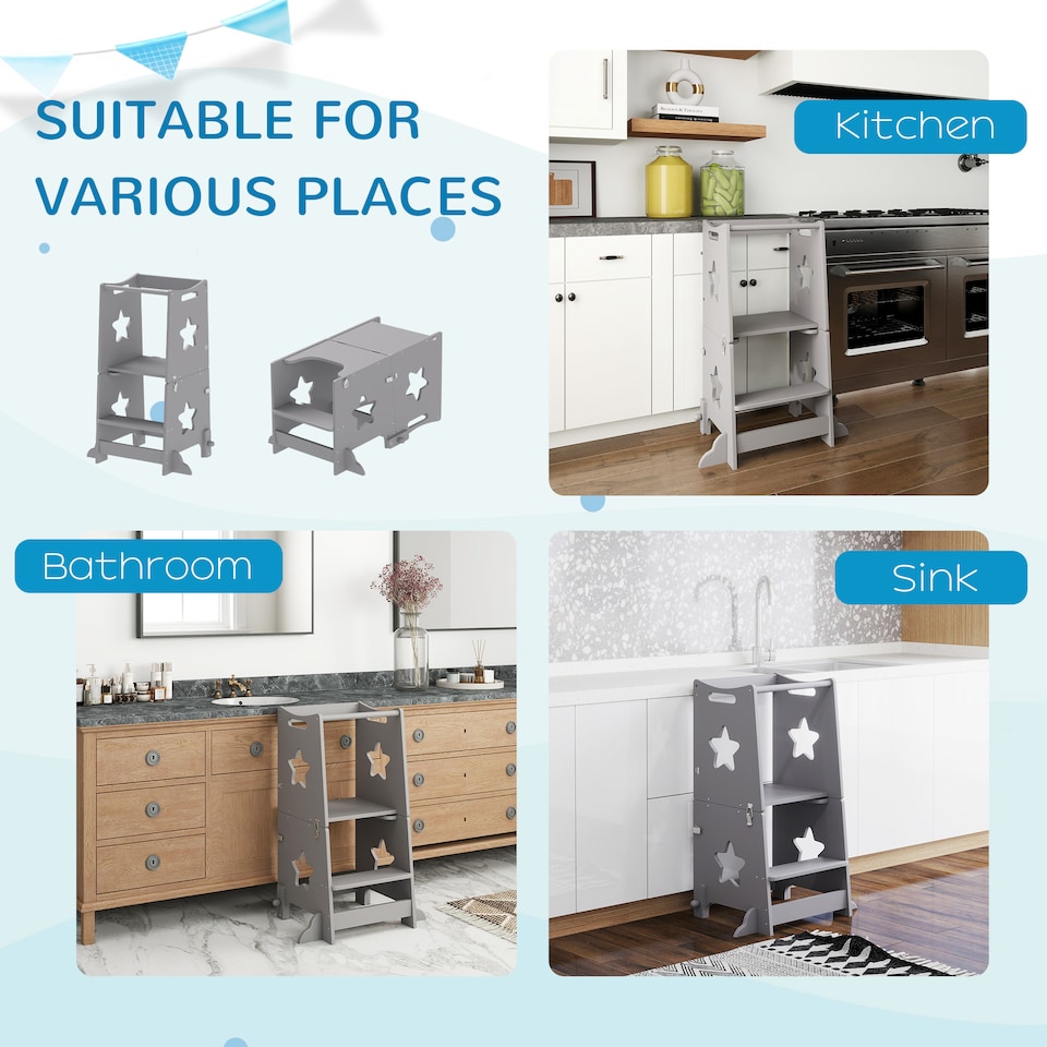 image 1 of AIYAPLAY Toddler Step Stool, Standing Tower, 2 in 1 Toddler Step with Safety Rail, for Kitchen, Bathroom, Counter, Grey