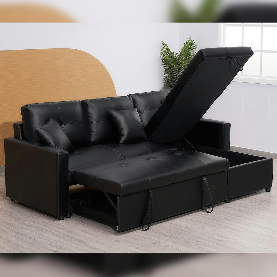 image 1 of Milano 3 Seater L Shape Pullout Sofa Bed with Deep Storage Compartment & Reversible Chaise Cream | Beige