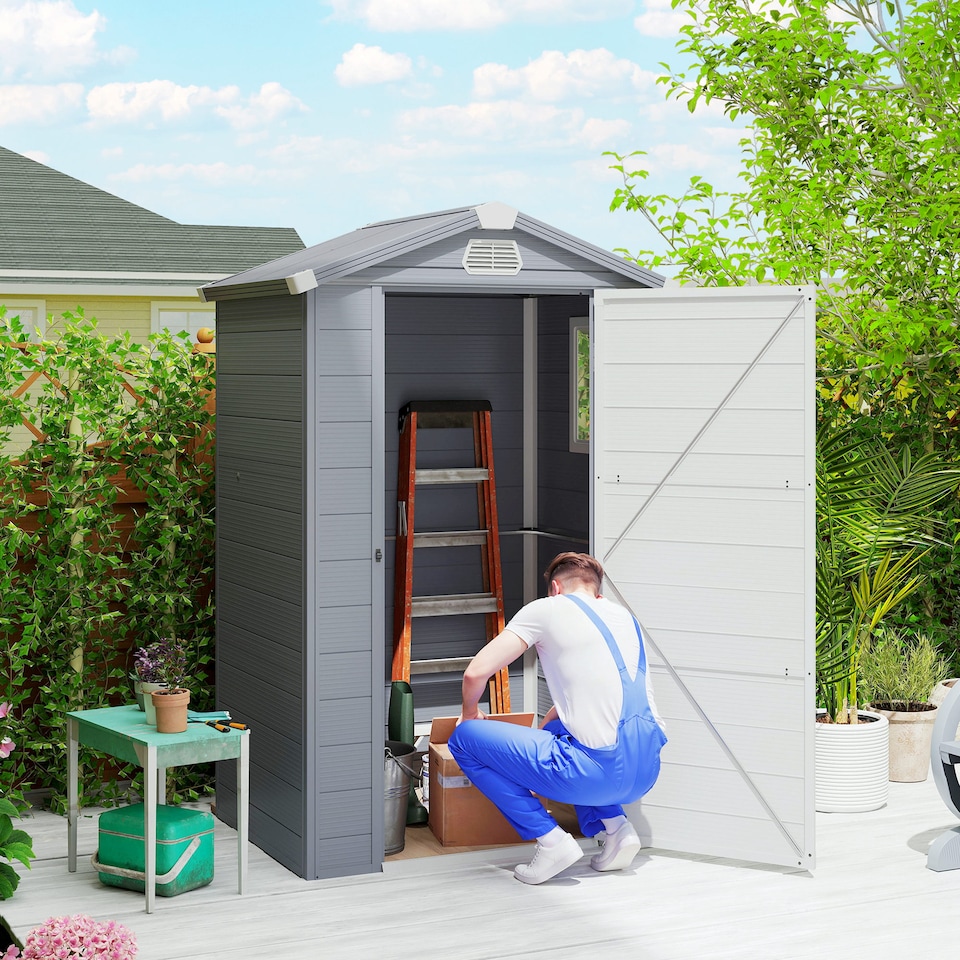 image 1 of Outsunny 4 x 3ft Plastic Garden Storage Shed with Foundation Kit, Polypropylene Outdoor Storage Tool House with Ventilation Slots and Lockable Door, Grey