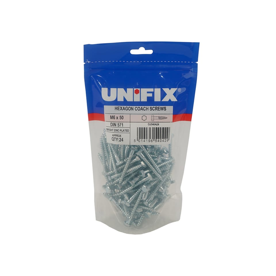 Unifix Coach Screws Hexagon Head DIN 571 BZP M6 x 100 - Box of 350