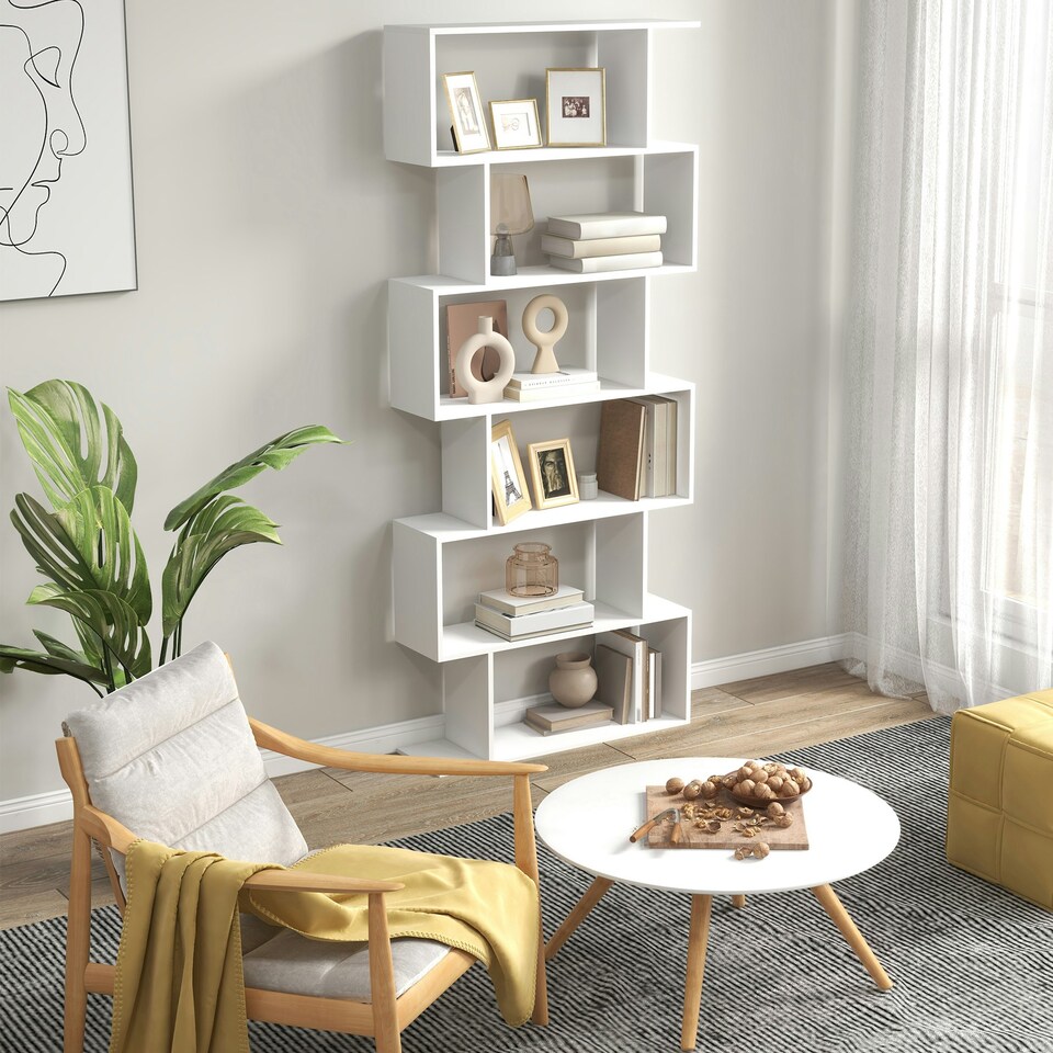 image 1 of HOMCOM 6-Tier Wooden Modern S-Shaped Shelf Storage Unit Home Office White