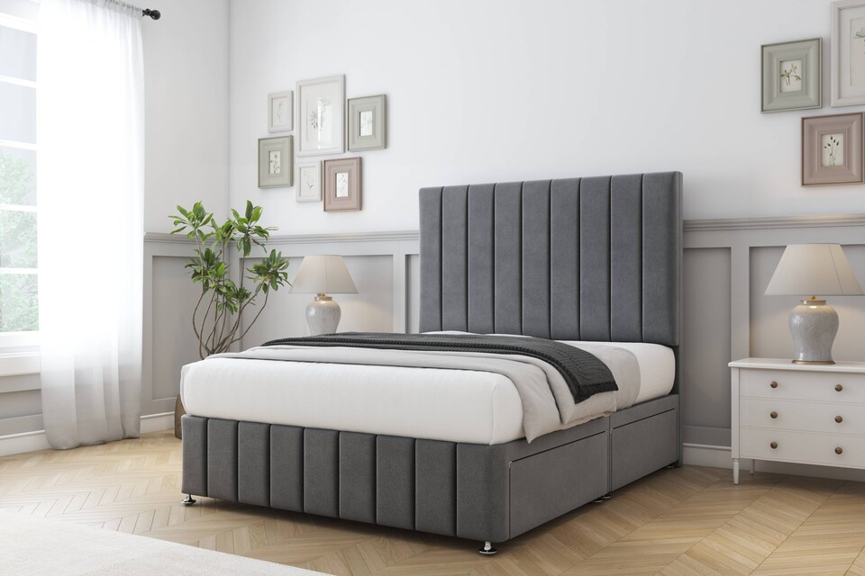 image 1 of Sloomy California Armour Coniston Divan Bed Base 4 Drawers With 26 Inch Strutted Headboard & 12 Inch Matching Footboard | Grey | Armour | Super King | 1