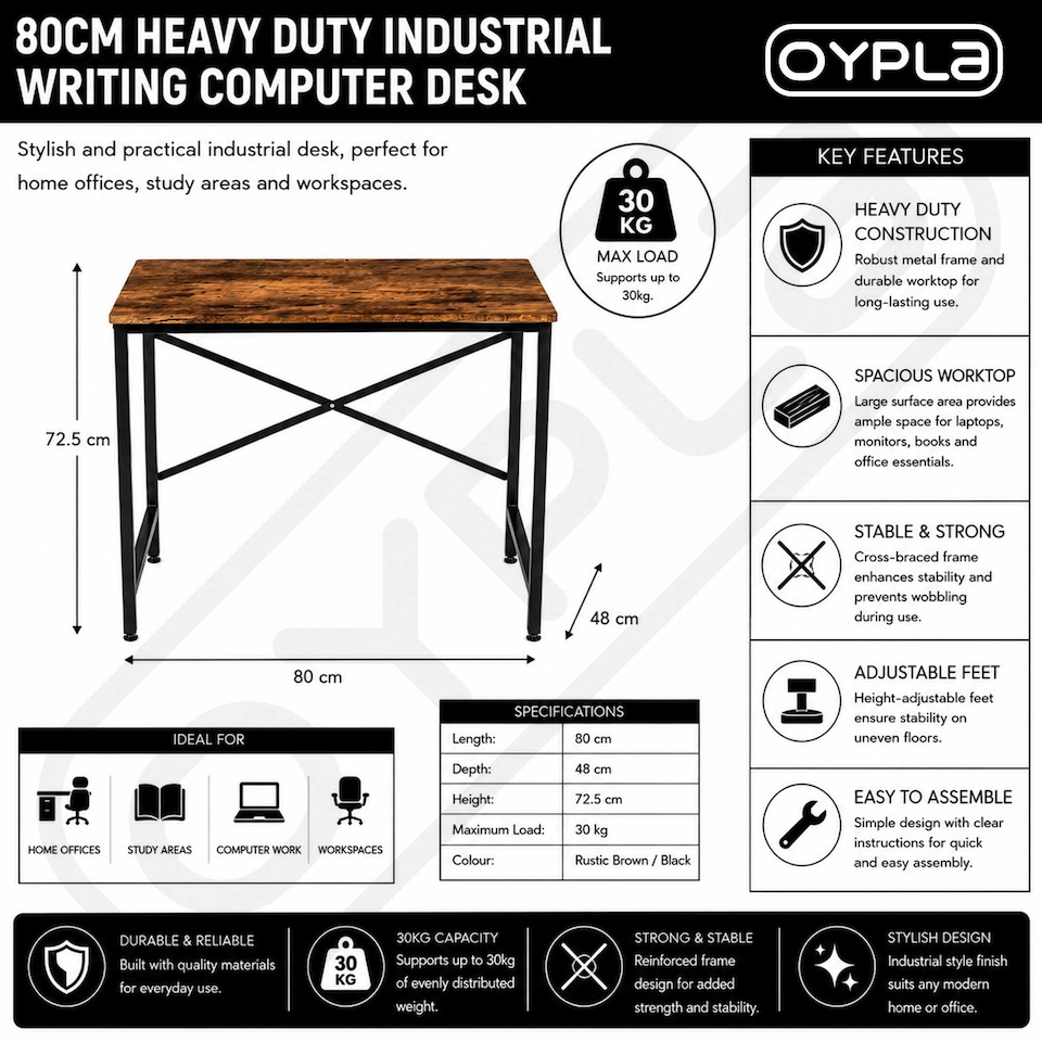 image 1 of 80cm Heavy Duty Industrial Writing Computer Desk Home Office Worktop Table | Brown