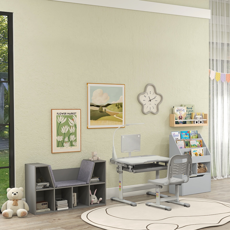 image 1 of HOMCOM Kids Desk and Chair Set, Height Adjustable Study Desk with USB Lamp | Grey