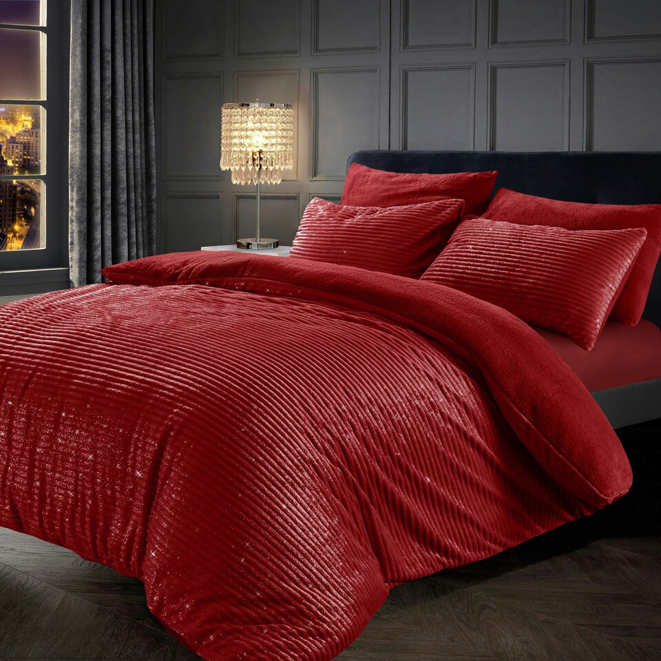 image 1 of Velosso Glitter Corduroy Teddy Fluffy and Warm Fleece Duvet Cover Set | Red | Red | Super King