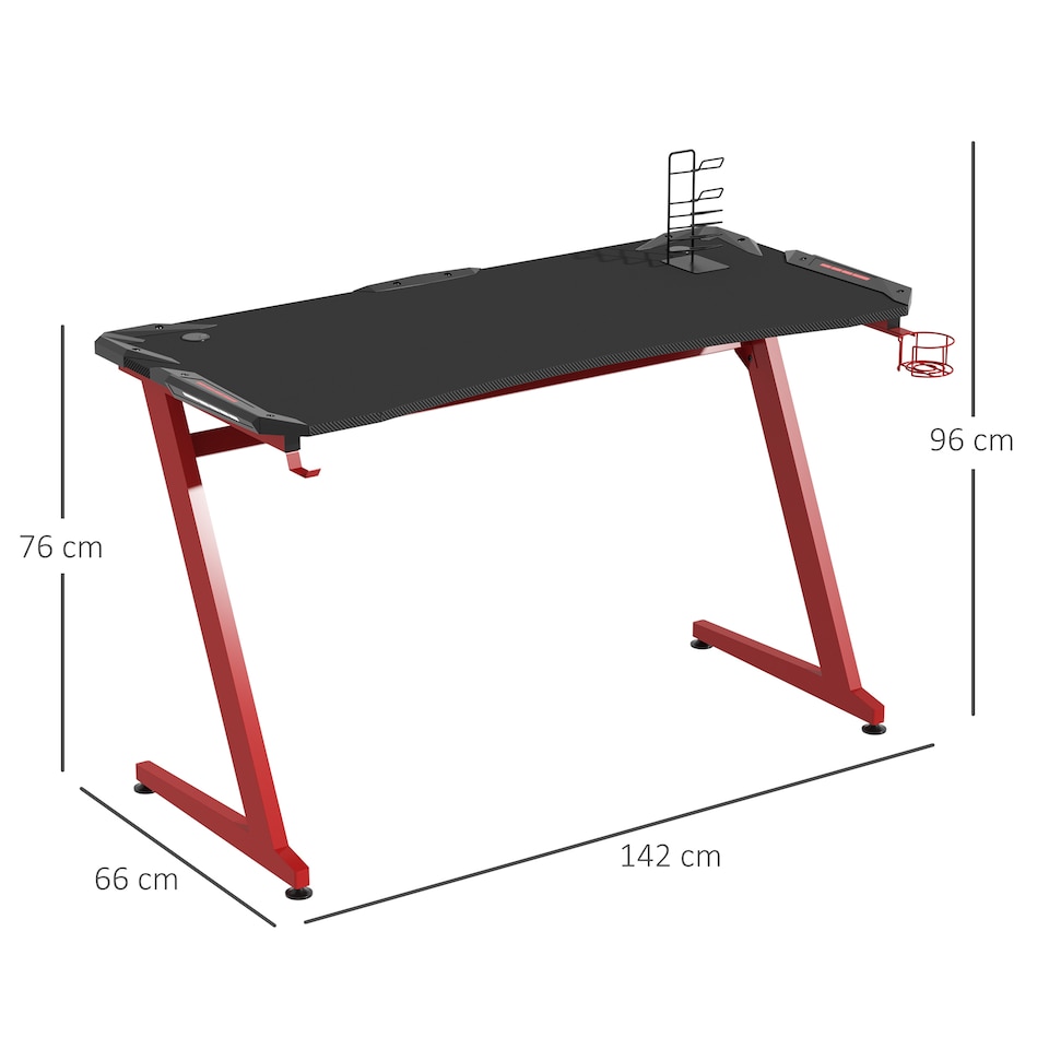 image 1 of HOMCOM 142 x 66 cm Gaming Desk, Carbon Fibre Covered Computer Desk, Gamer Workstation with Headphone Hook, Cup Holder and Gamepad Storage Rack, Black and Red