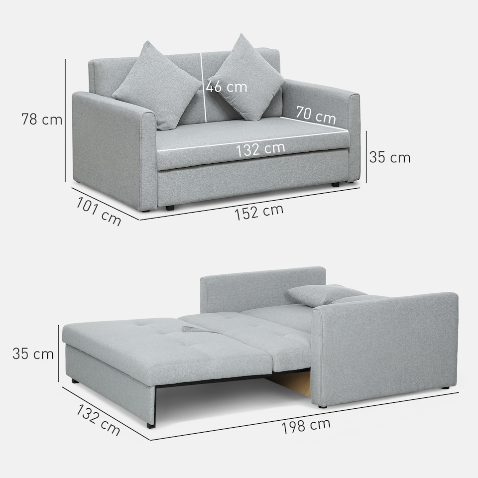 image 1 of HOMCOM 2 Seater Sofa Bed with Hidden Storage, Pull Out Convertible Bed Settee, Modern Linen Loveseat Sofa Sleeper with 2 Cushions for Living Room, Guest Room, Light Grey | Grey | Grey | One Size
