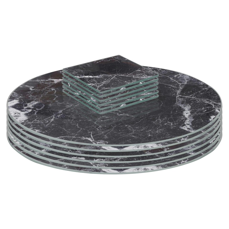 image 1 of Harbour Housewares Black Marble Glass Placemats & Coasters - 30cm - 12 Piece Dining Set Black