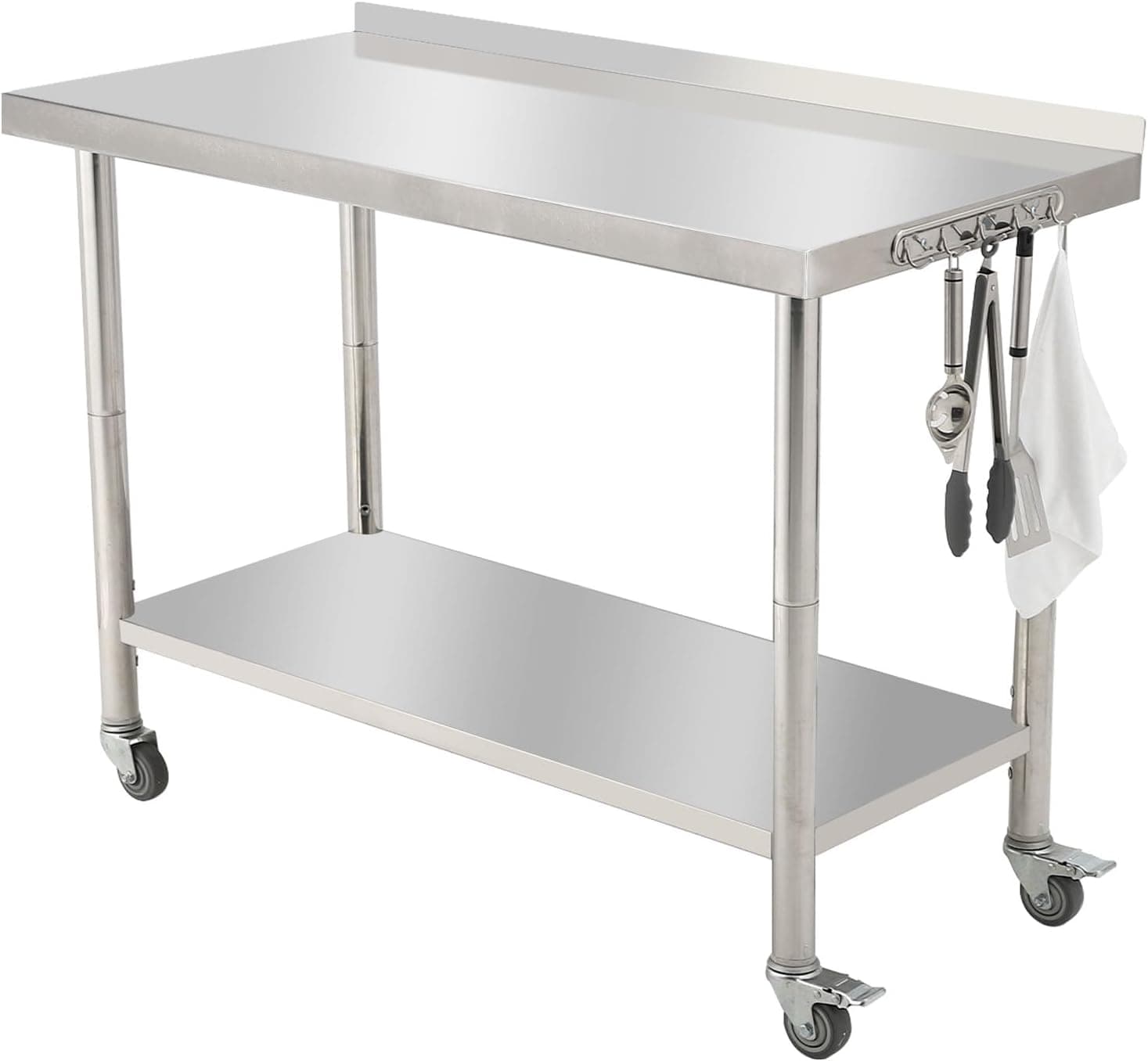 London Boutique Heavy Duty Stainless Steel Work Table with Undershelf, Backsplash and Wheels, 48 x 24 x 35 in