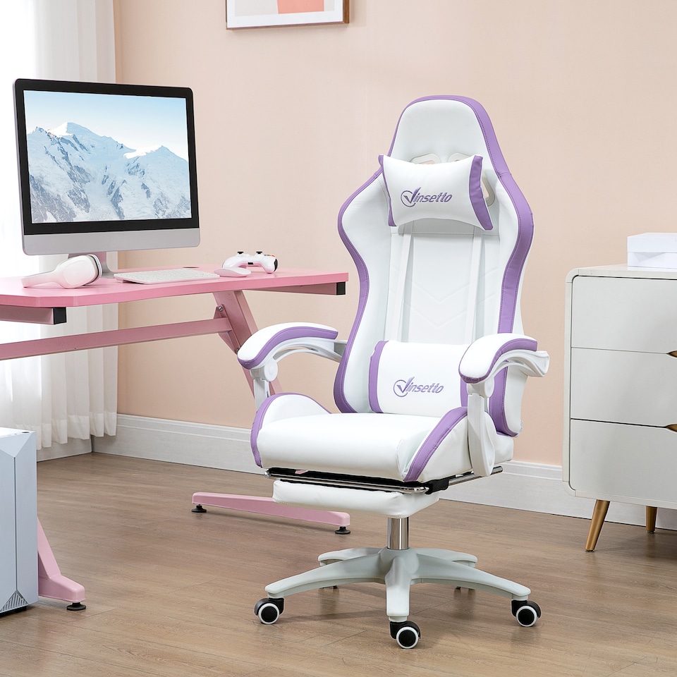 image 1 of Vinsetto Computer Gaming Chair, PU Leather Office Desk Chair with Footrest, Swivel Wheels, 135 Reclining Back, Lumbar Support, Headrest for Home, White and Purple