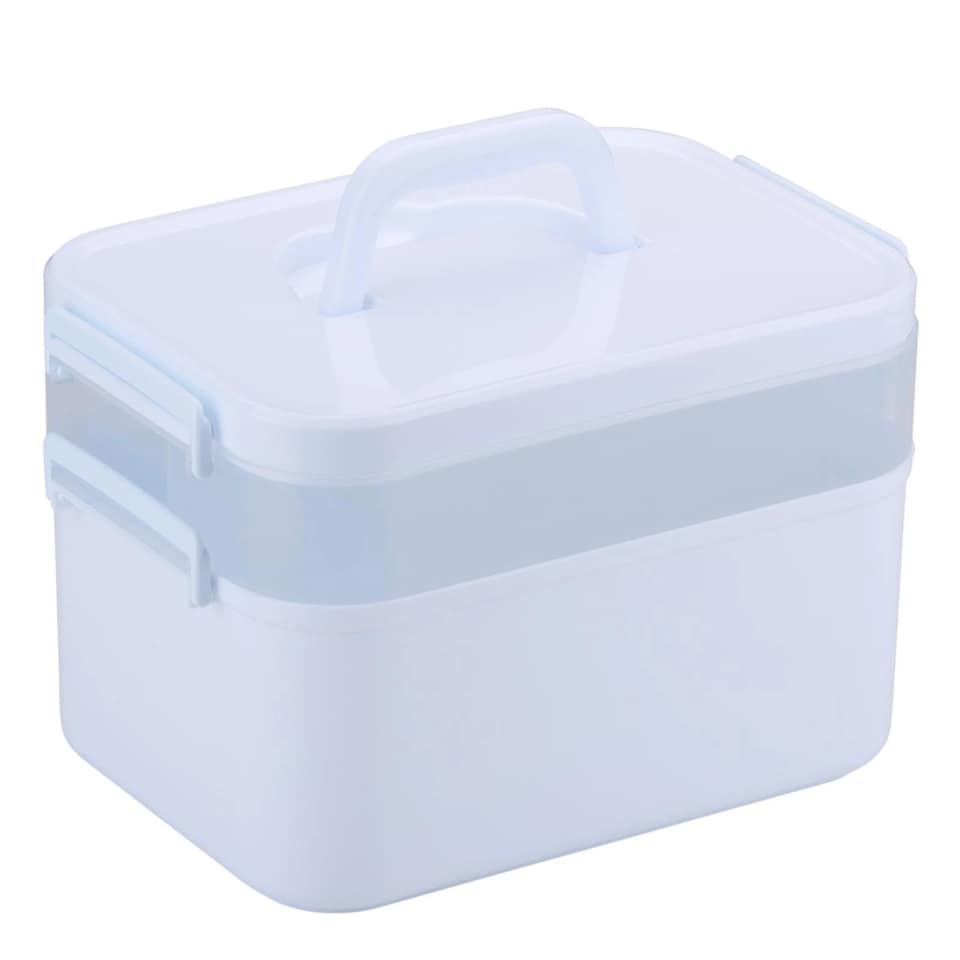 image 1 of Portable Sewing Accessories Box Kit 2 Layer Storage Organiser Trays Carry Handle | Multi | White