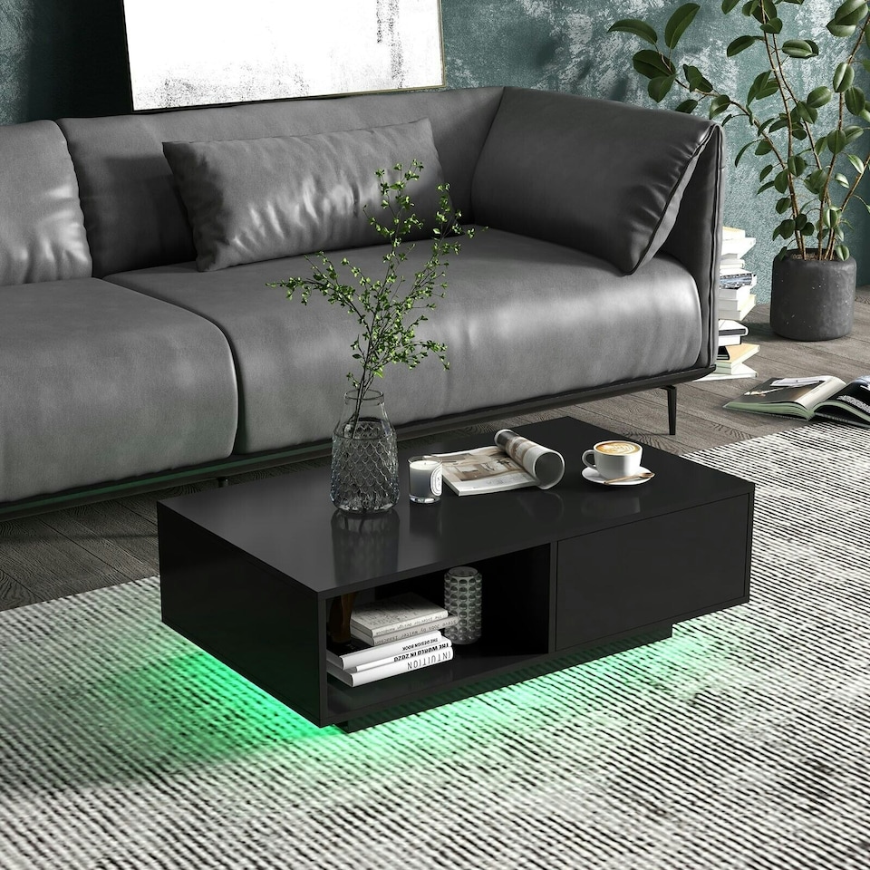 image 1 of COSTWAY Coffee Table w/LED Lights Rectangle Table Black