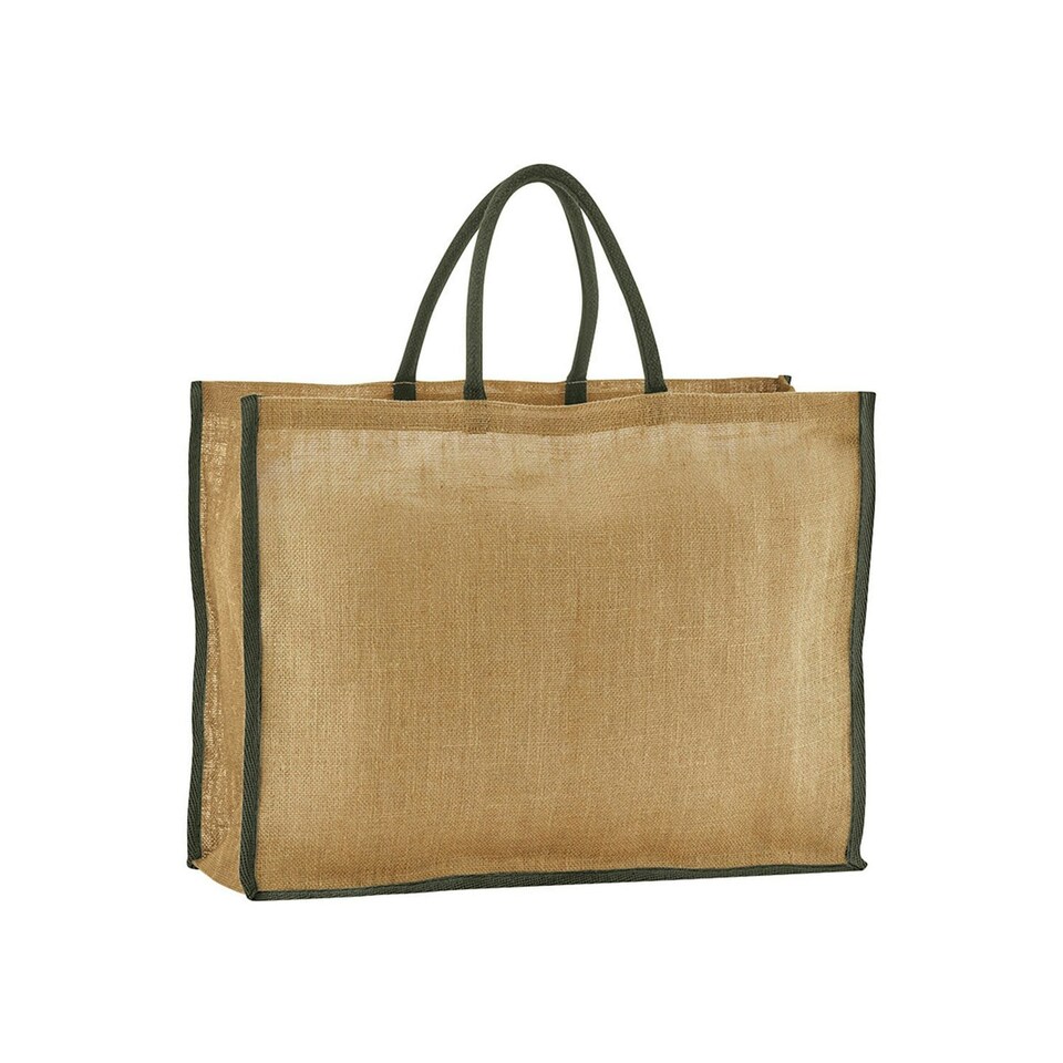 Westford Mill Contrast Starched Jute Tote Bag - Natural/Olive Green - One Size | Brown