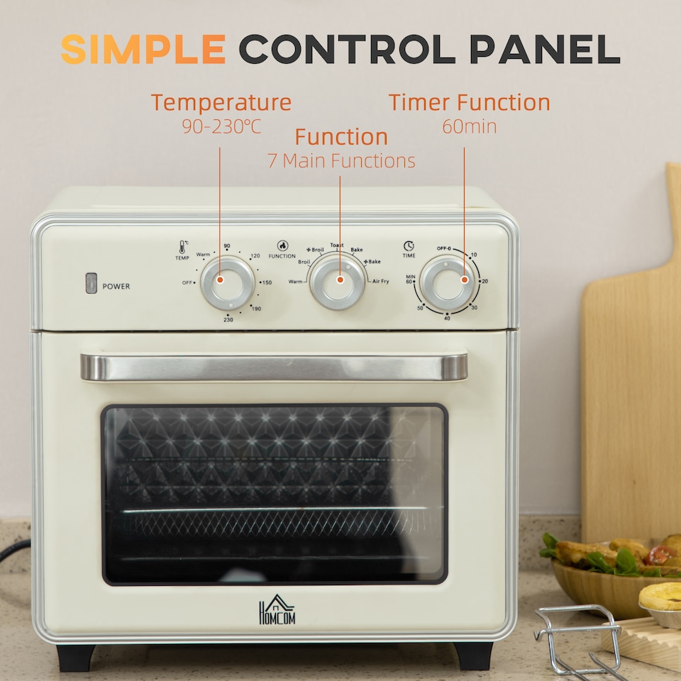 image 1 of HOMCOM 20L Countertop Mini Oven, 7-in-1 Toaster Oven with Warm, Broil, Toast, Bake, Air Fryer Setting, Timer, Adjustable Thermostat, 4 Dishwasher Safe Accessories, 1400W, Cream White