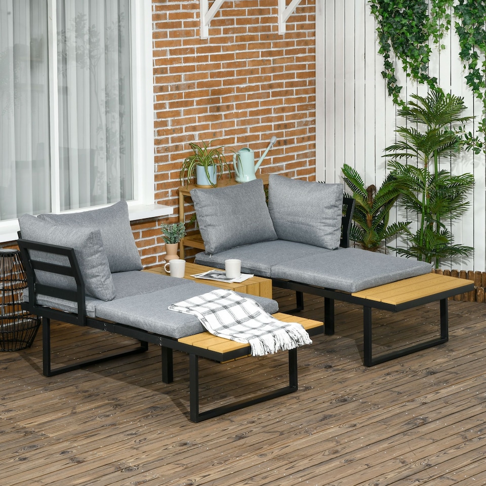 image 1 of Outsunny 3 Pieces Patio Furniture Set, Outdoor Garden Sofa Conversation Set w Padded Cushions, Wood Grain Plastic Top Table and Side Panel, Dark Grey