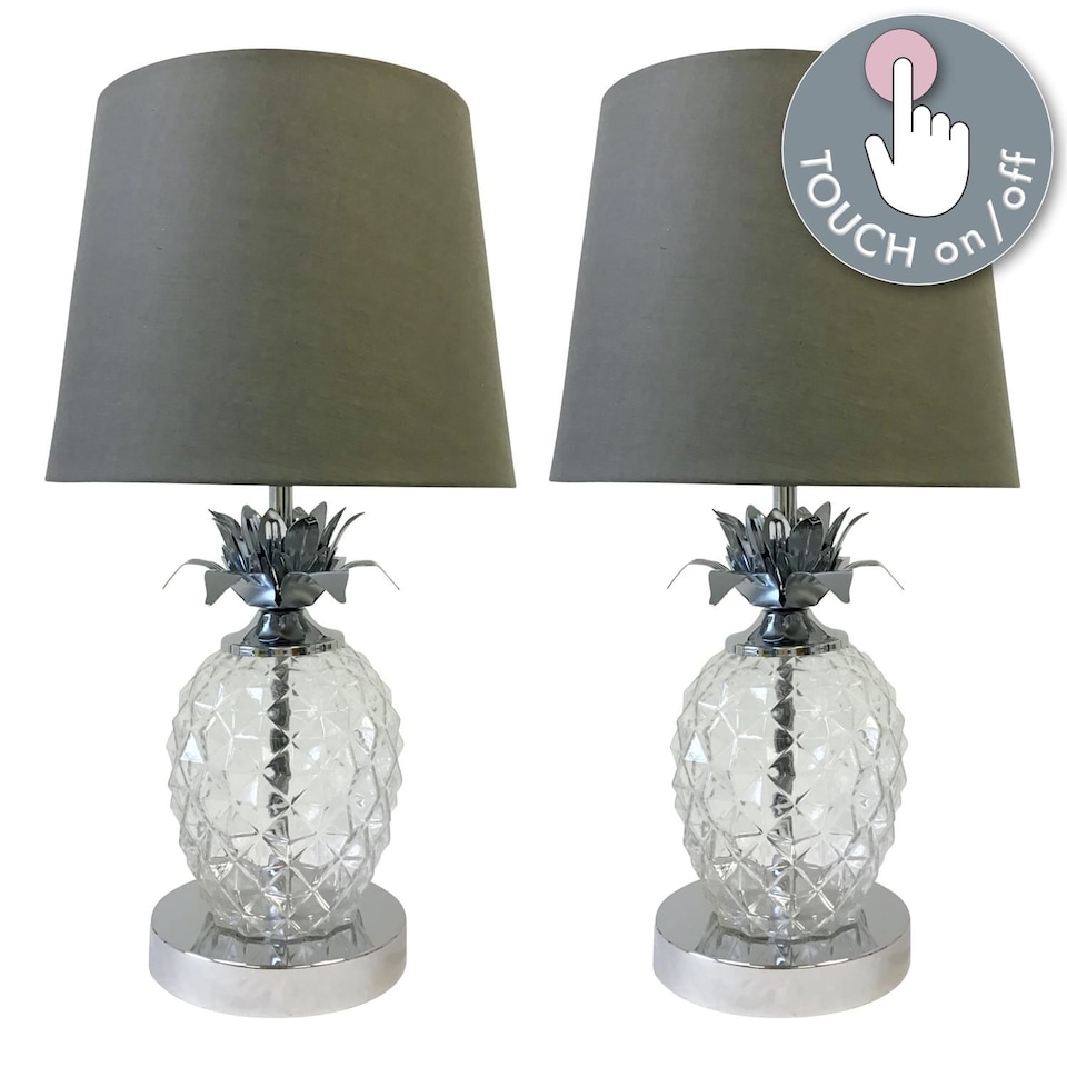 image 1 of Pair of Chrome Pineapple Touch Lamps with Grey Shades | Chrome | Grey | Large | 2