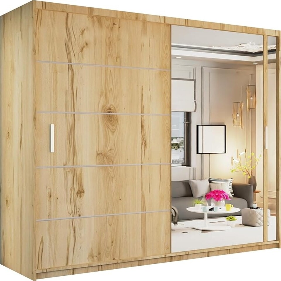 image 1 of Stylish 150cm Sliding Wardrobe with Full Mirror Door & Lined Panel Design | White, Black, Grey Finish Brown | Oak150cm