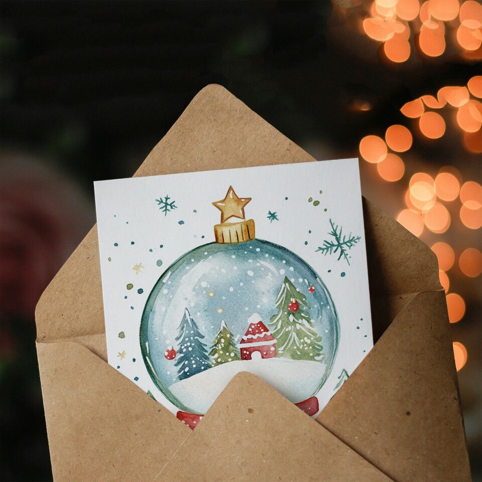 image 1 of Decorated Tree Cabin Snow Globe Blank For Him Or Her Art Xmas Festive Christmas Card