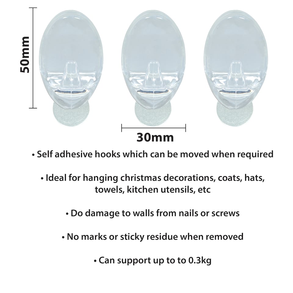 image 1 of St Helens Self Adhesive Reusable Oval Shaped Plastic Hooks (Pack of 3)