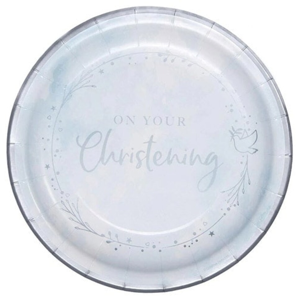 Blue On Your Christening Round Paper Plates 23cm - Pack of 8